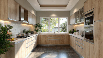 A stylish U-shaped open-plan kitchen featuring light wood cabinetry with a matte finish and a harmonious, minimalist layout. Generative AI