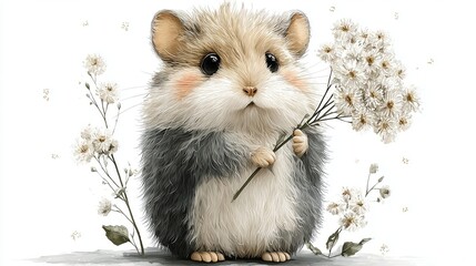 Adorable Fluffy Hamster Holding White Flowers