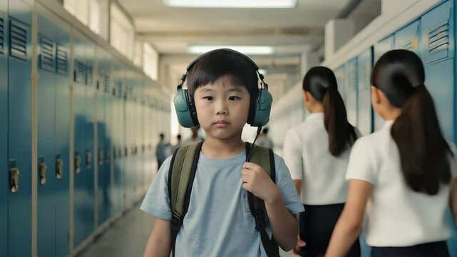 Asian boy with autism walks calmly down a busy school hallway, wearing headphones and carrying a backpack. Classmates are present in an inclusive environment with lockers lining the walls