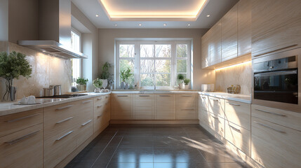 A stylish U-shaped open-plan kitchen featuring light wood cabinetry with a matte finish and a harmonious, minimalist layout. Generative AI