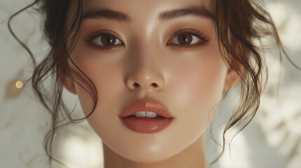 Close-Up Portrait of Woman with Natural Makeup and Curly Hair