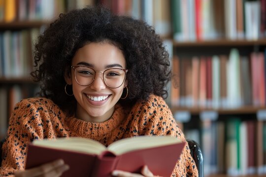 Happy young disabled mixed race school student smiling while reading a book in a library during the afternoon