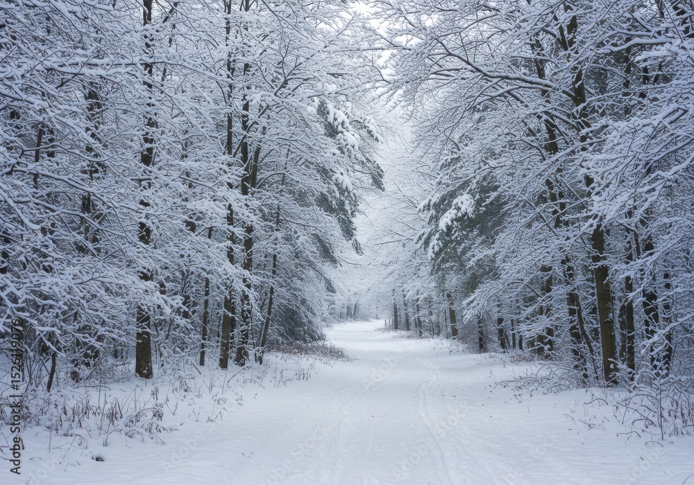 Poster snow covered trees line a path through a winter forest