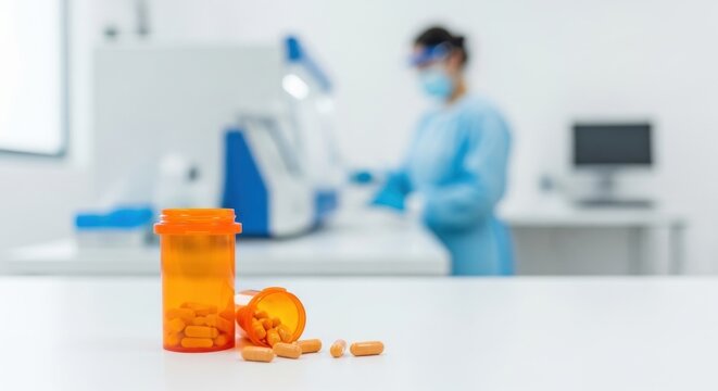 Orange pill bottle with scattered capsules on a white lab table. Medical healthcare and pharmaceutical research concept.