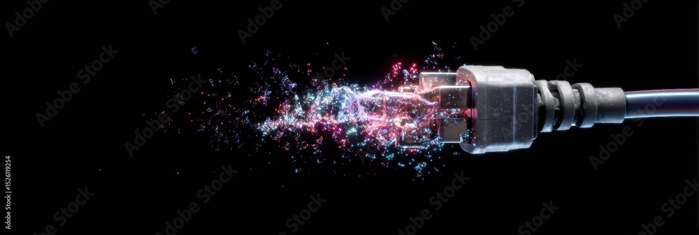 Poster Disconnected Electrical Plug With Glitch Spark Effect Against Dark Background Conveying a Sense of Malfunction and Energy Release During a Dynamic Moment