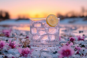Refreshing gin and tonic at sunset on a beach.