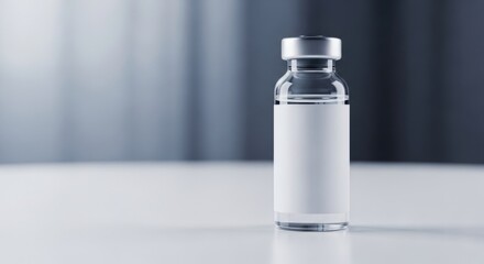 Vaccine bottle with blank label. Medication vial for vaccine research. Medical liquid for disease treatment and pharmaceutical development.