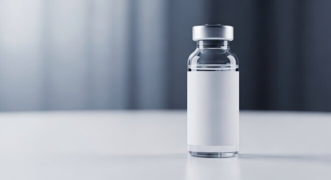 Vaccine bottle with blank label. Medication vial for vaccine research. Medical liquid for disease treatment and pharmaceutical development.