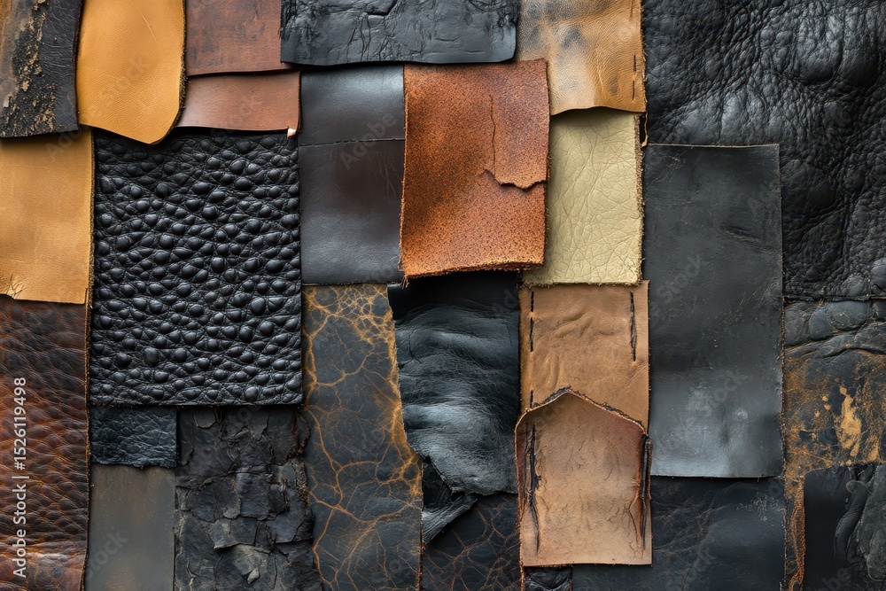Poster exploring various leather samples with intricate layered textures showcasing unique patterns and col