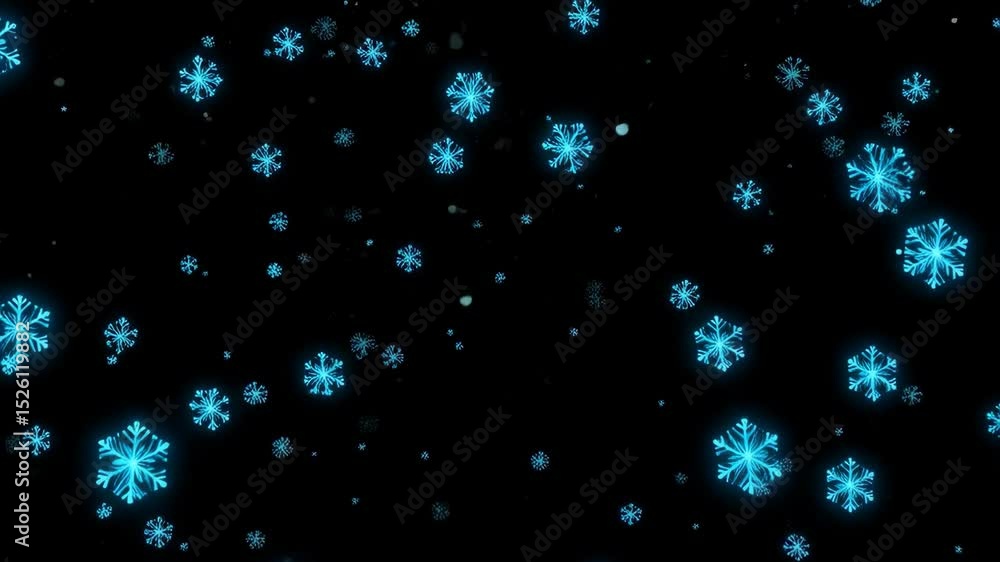 Poster animated snow flakes floating down in a seamless loop against a black background, perfect for winter