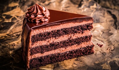 Chocolate cake slice, rich frosting, rustic background, dessert photography, food blog