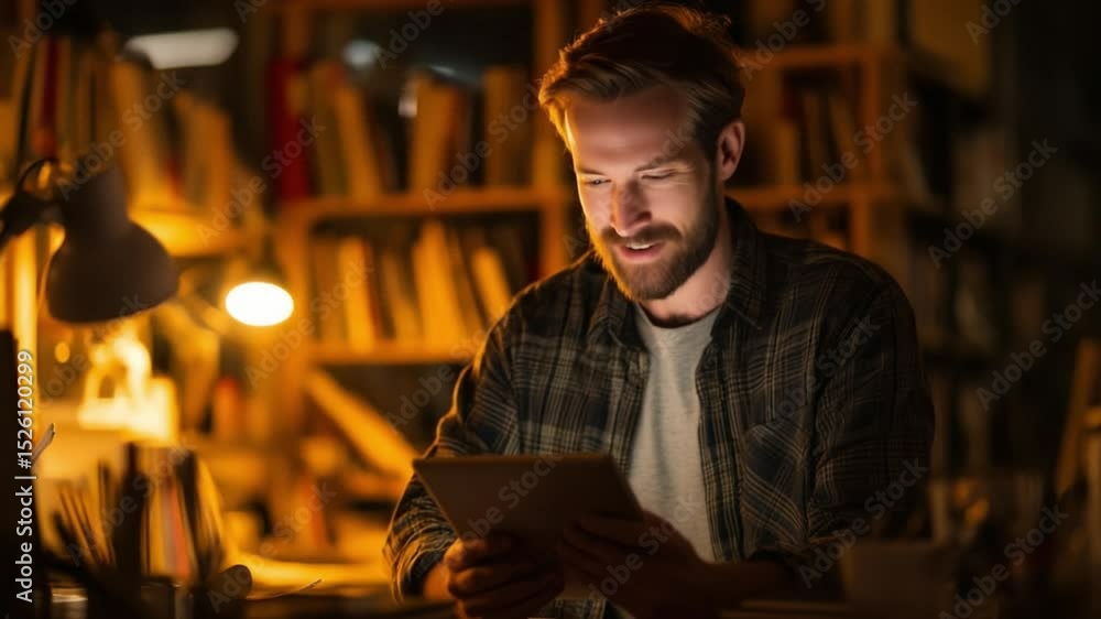 Poster man reading on tablet in cozy library during evening hours surrounded by books and warm light