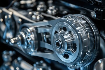 Fototapeta premium Mechanical close up of generator rivulet belt showing intricate design and precise engineering in a modern industrial setting