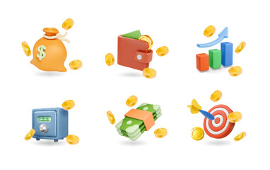 3d business icon set. Calculator, safe, wallet with money, briefcase, umbrella, shield, cash receipt, handshake. Render vector objects