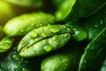 Green coffee beans glisten with water droplets amid fresh foliage in a vibrant natural setting