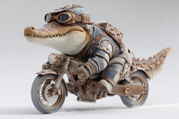 A stylish crocodile in armored biking suit racing on snow track on solid white background, fierce competitor, frosty speed scene.
