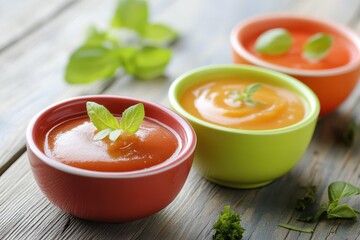 Healthy baby food varieties in colorful bowls displayed on a rustic wooden table, showcasing nutritious options for infants during meal time preparation