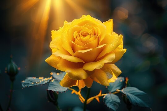 A radiant yellow rose blooms in the golden light.