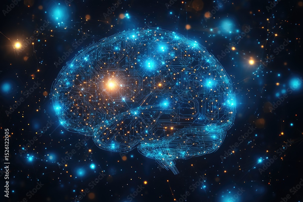 Poster abstract representation of a brain in cosmic space.