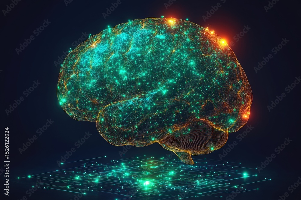 Poster abstract representation of a human brain with glowing points.