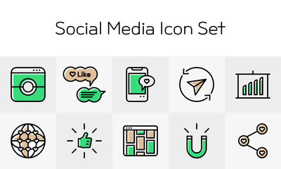 콘텐츠 제작과 공유를 위한 소셜미디어 라인 아이콘 세트 - Social Media Line Icon Set for Content Creation and Sharing