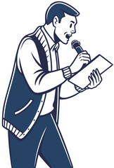 vector of a news anchor or field reporter holding a microphone and notepad, speaking confidently, isolated on white background
