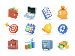 Set of 3d office icon, Business work, money and finance concept.. Job and work collection. Vector wallet, clock, graph