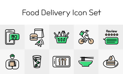 배달 음식부터 리뷰까지, 배달 앱에 최적화된 푸드 라인 아이콘 세트 - A food line icon set optimized for delivery apps, from meals to reviews