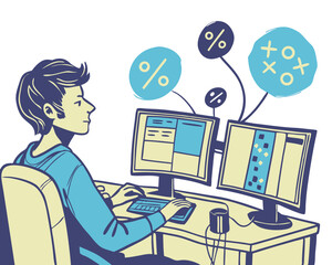 Fototapeta premium vector of a programmer sitting at desk with dual monitors, coding symbols around, clean style on white background 