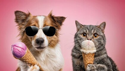 Obraz premium Playful Pets Donning Sunglasses Indulge in Ice Cream Bliss on a Pink Backdrop, Capturing Whimsy and Fun for a LaughOutLoud Moment.