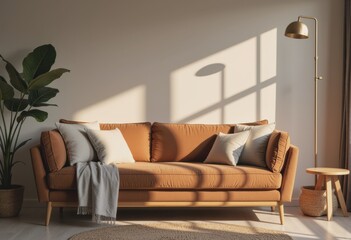 Cozy living room featuring a warm sofa, stylish decor, and natural light