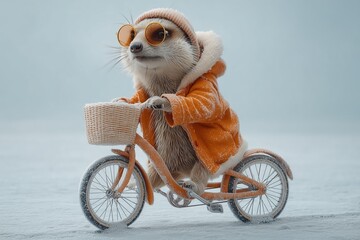 A stylish meerkat in compact biking outfit racing in snow on solid white background, teamwork vibe, frosty speed challenge.