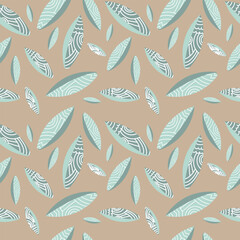 Hand-drawn dark and light green leaves on a beige background. Seamless pattern is plant for clothing, fabric, wallpaper, backdrop, home decoration, cover book, and wall art. Vintage style.