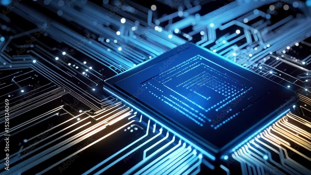 Poster abstract blue glowing semiconductor microchip on circuit board background with connections for moder