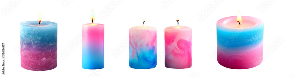 Poster set of colorful cylindrical candles with ombre effects. isolated on transparent background