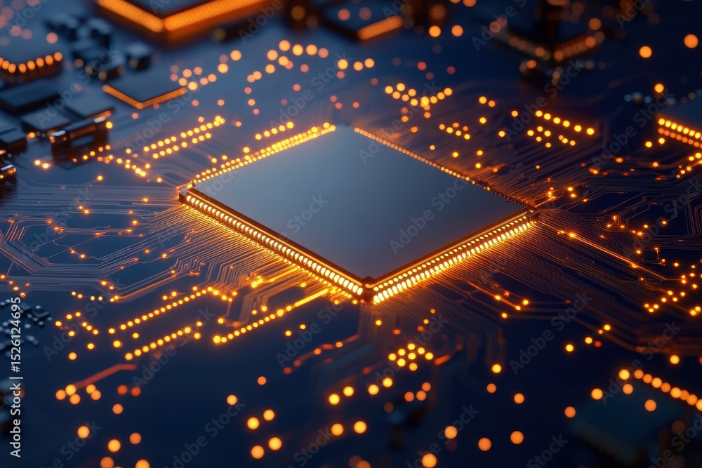 Poster close-up view of a high-performance microprocessor surrounded by glowing circuitry and complex elect