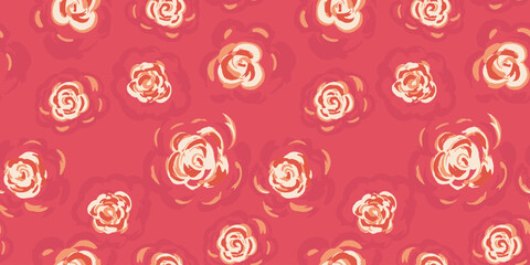 Elegant seamless vector floral pattern with hand drawn abstract roses in cream and peach tones on a warm coral red background. Perfect for textiles, wallpapers, packaging, and romantic themed designs.
