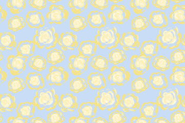 Seamless floral vector pattern with hand drawn yellow roses on a pastel blue background. Nature ornament for fabric, gift wrap, wedding stationery, spring themes, feminine designs