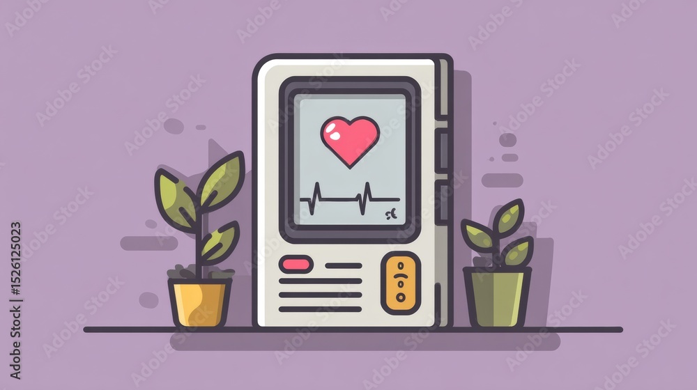Poster ecg device displaying pulse and heart icon with plants nearby on a pastel background in a calm healt