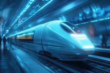 Futuristic train arriving at a high-tech station in a bustling city during the year 2099 with vibrant neon lights and advanced technology