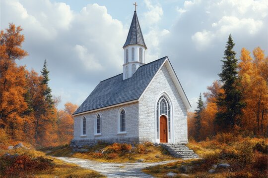 Autumnal church nestled in a woodland path.