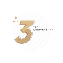 Modern and elegant 3rd anniversary celebration design featuring clean gold typography with sparkling stars and subtle diagonal background lines. Perfect for branding, invitation, or business milestone