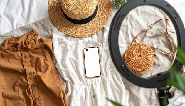A flat lay of a fashion outfit and accessories on a linen bedspread, filmed by a phone with a ring light. A concept for a fashion blogger, influencer, and content creation.

