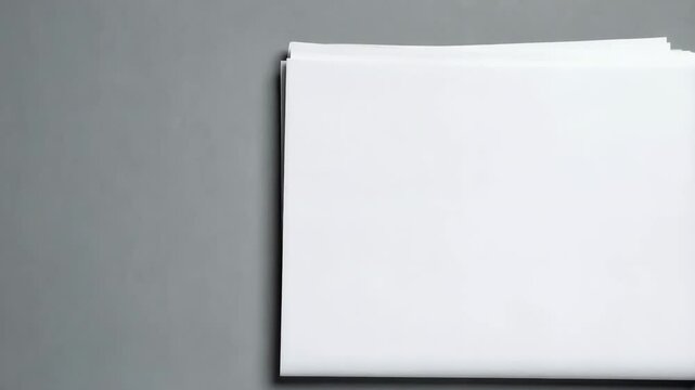 Stack of blank white paper sheets on a neutral gray background, ideal for graphics and text placement, copy space, minimalist aesthetic.