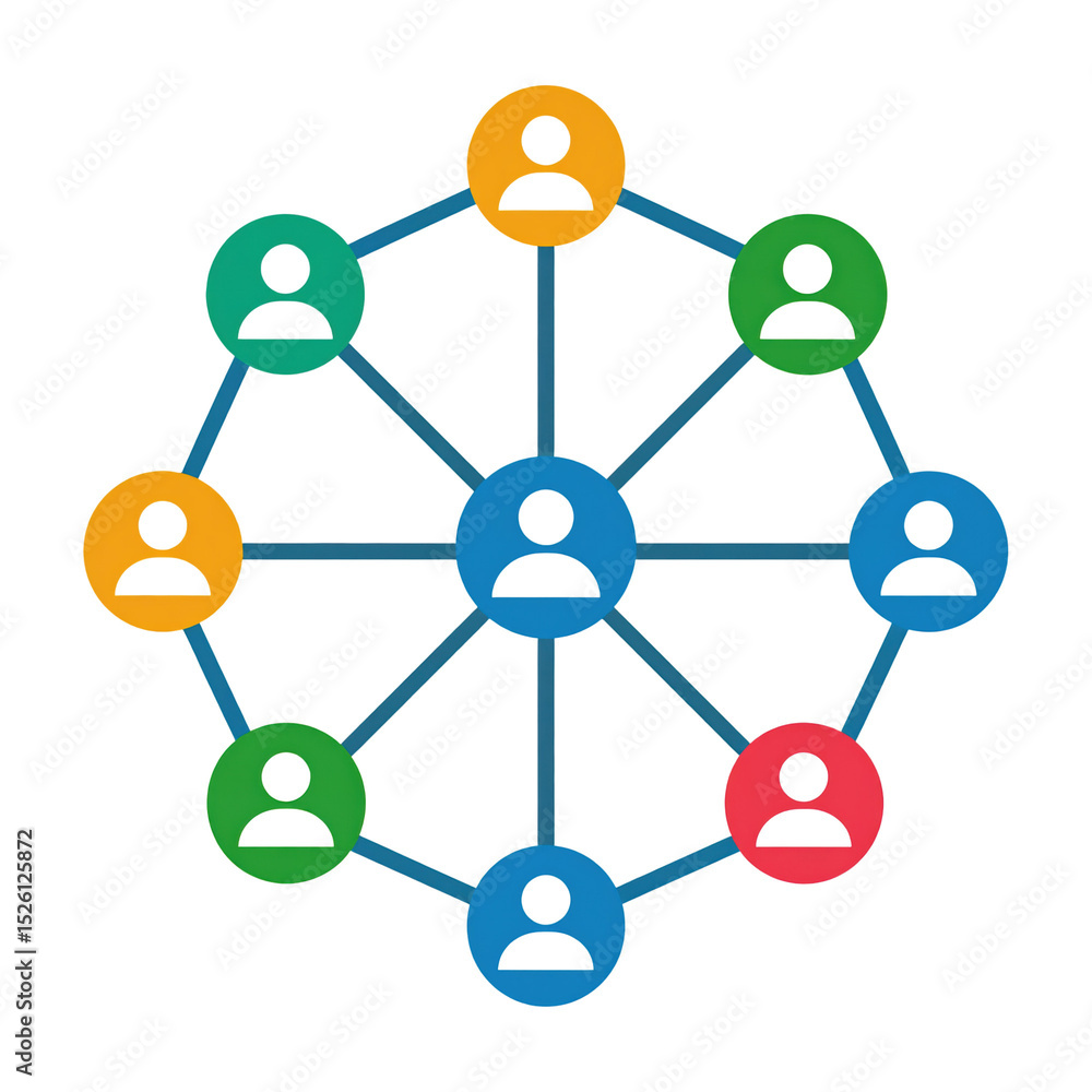 Poster network of interconnected multicolored user icons representing social connections and collaboration 