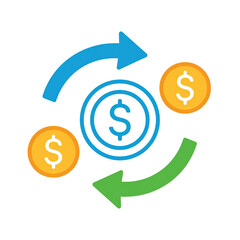 Blue and green arrows surround three dollar coins, symbolizing currency exchange, financial transactions, or money transfer processes