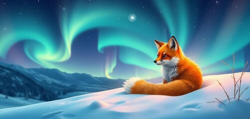 Whimsical fox serenely nestled in snowy landscape bathed in vibrant aurora borealis glow,  adorable,  northern lights