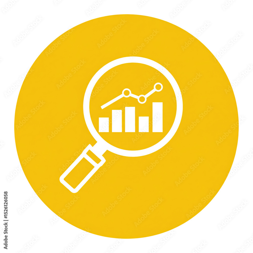 Poster magnifying glass icon highlighting a bar chart with a line graph, symbolizing data analysis, statist