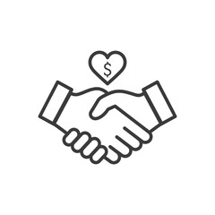 Two hands shaking with a heart containing a dollar sign above, symbolizing a financial agreement or a business deal based on trust and mutual benefit