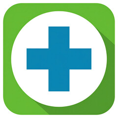 Obraz premium Blue medical cross icon on a white circle with a green square background, symbolizing health, first aid, or medical services